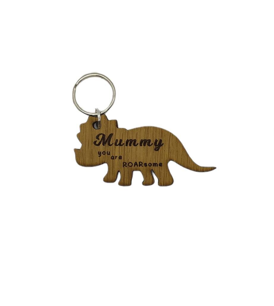 Triceratops Keychain with "Mummy You Are ROARsome" Engraved – Personalised Oak Veneer Gift