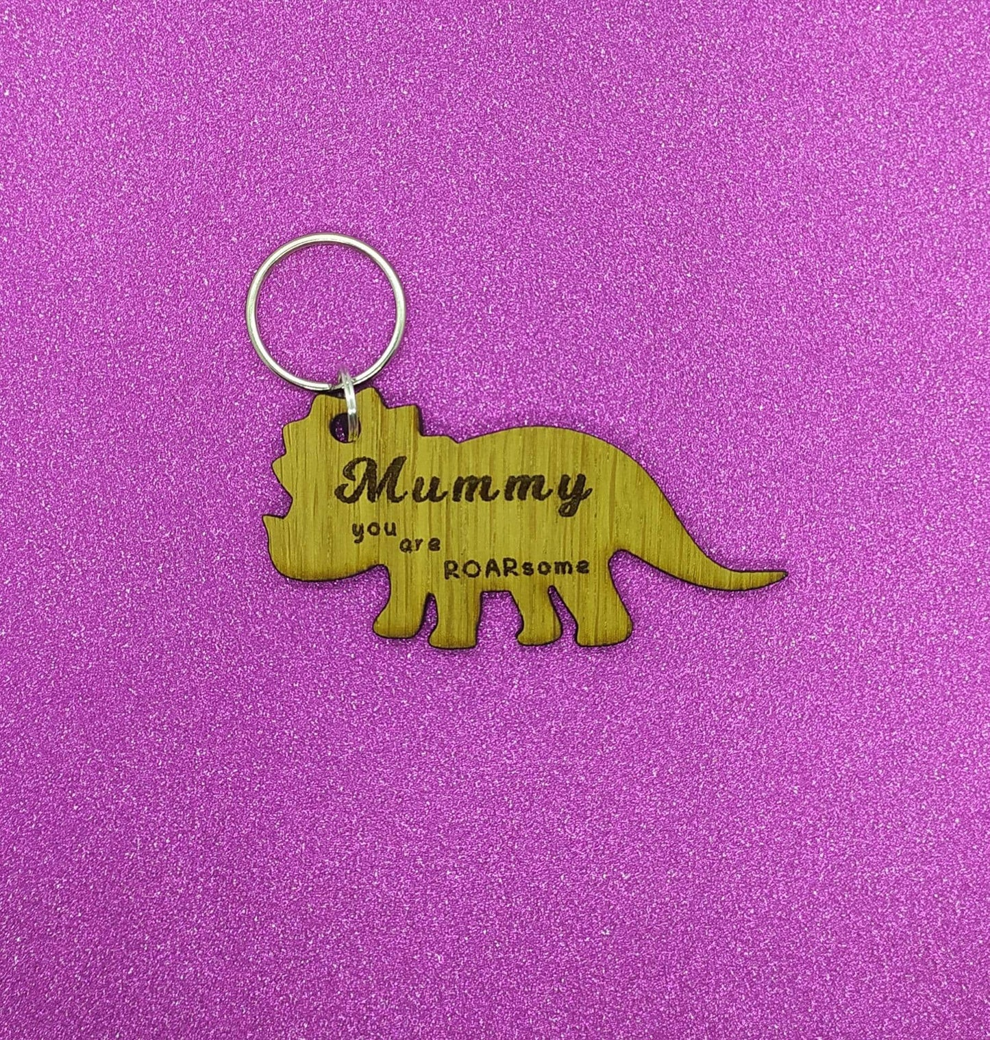 Triceratops Keychain with "Mummy You Are ROARsome" Engraved – Personalised Oak Veneer Gift