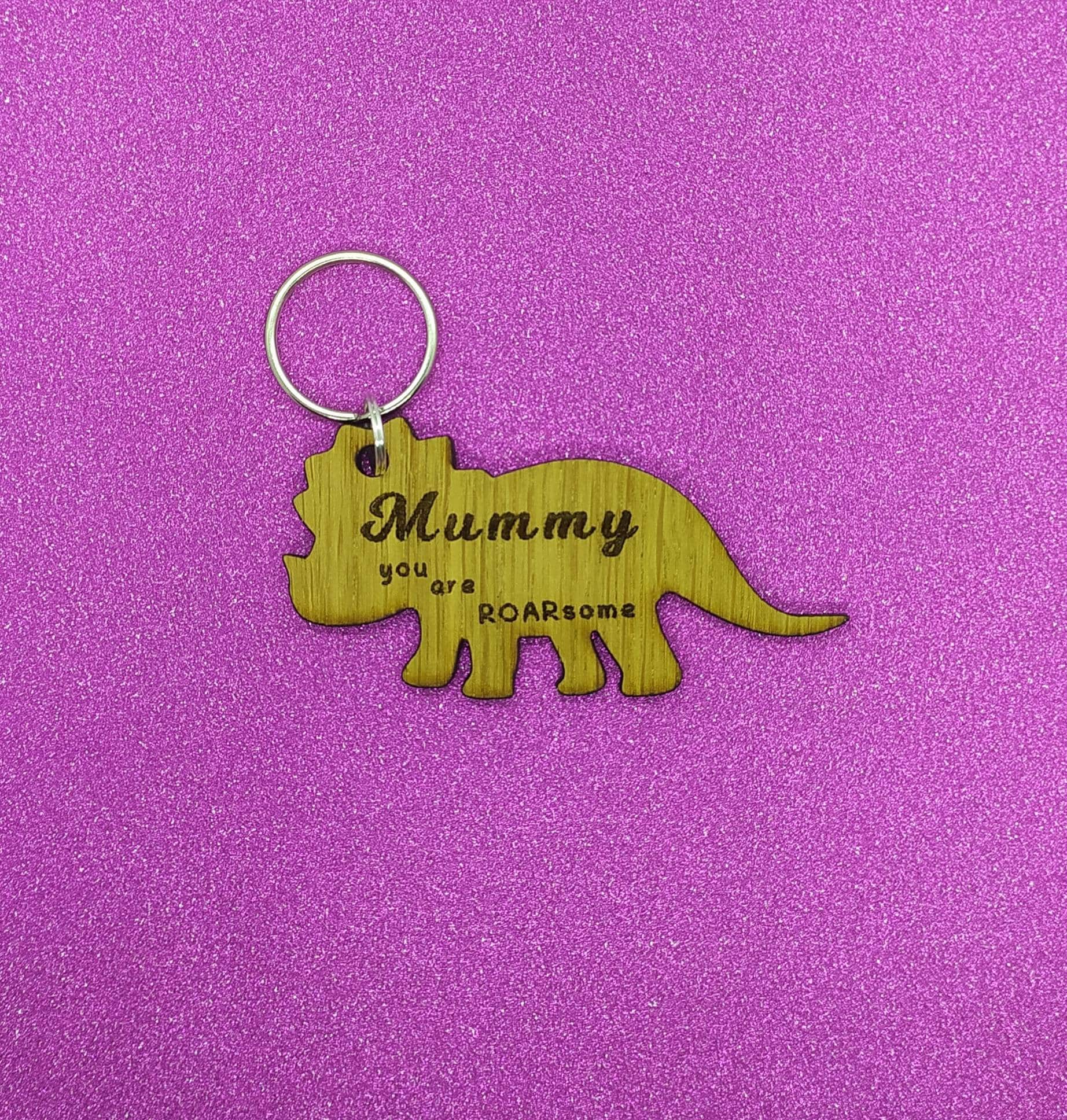 Triceratops Keychain with "Mummy You Are ROARsome" Engraved – Personalised Oak Veneer Gift