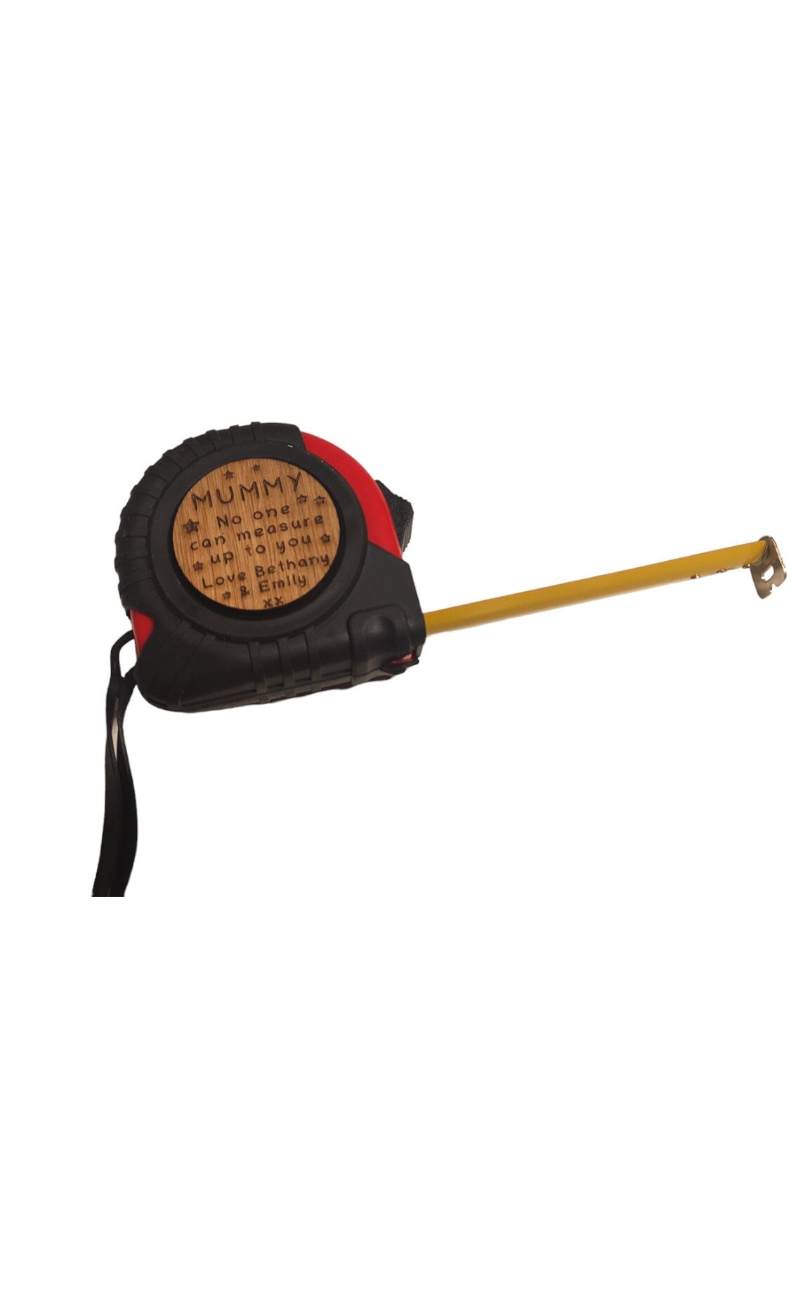 Personalised tape measure with a wooden disc, custom engraved names with your chosen message. This unique, functional gift combines practicality with a fun, stylish touch.