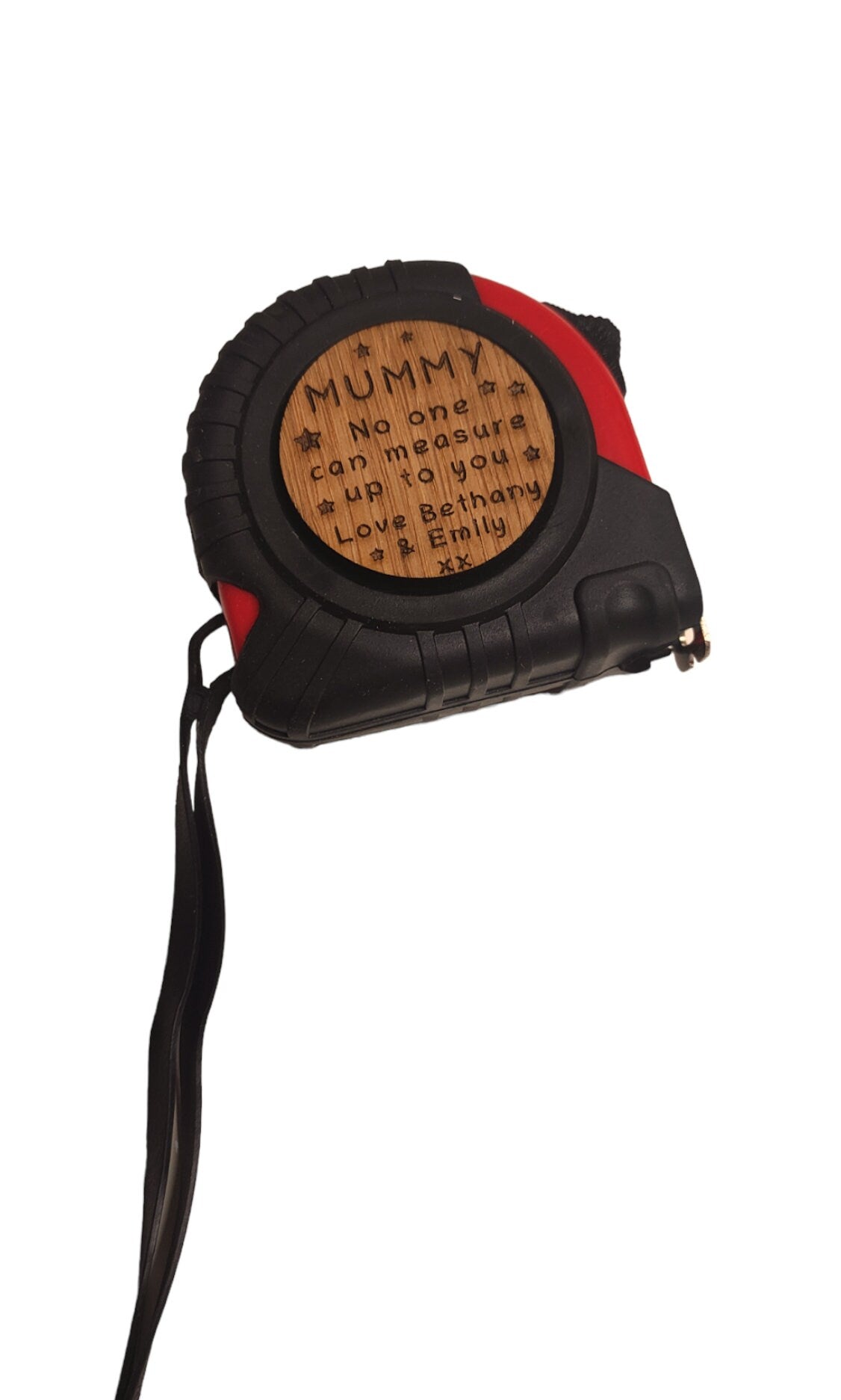 Personalised tape measure with a wooden disc, custom engraved names with your chosen message. This unique, functional gift combines practicality with a fun, stylish touch.