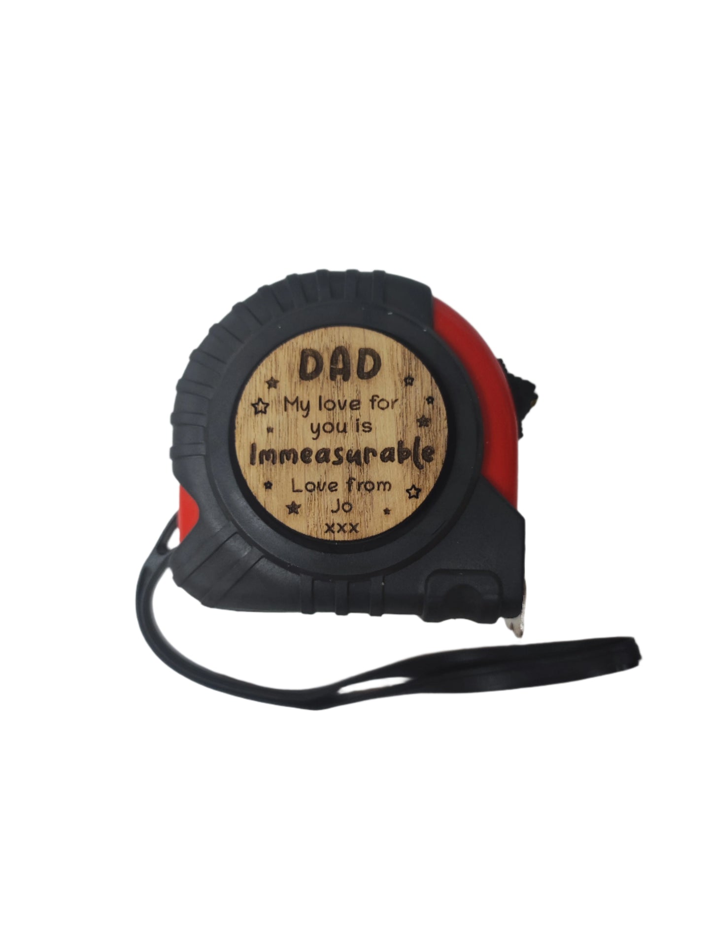 Tape Measure, personalised with a wooden disc in the middle saying "Grandad our love for you is immeasurable"