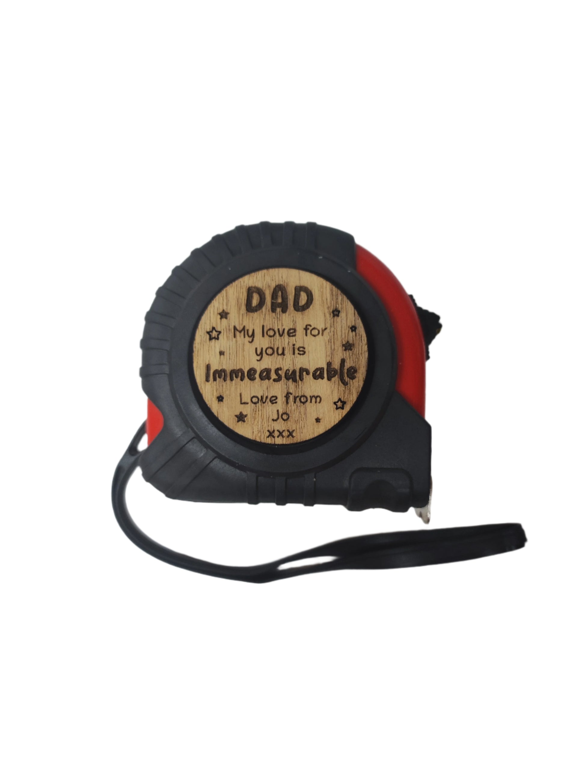 Tape Measure, personalised with a wooden disc in the middle saying "Grandad our love for you is immeasurable"
