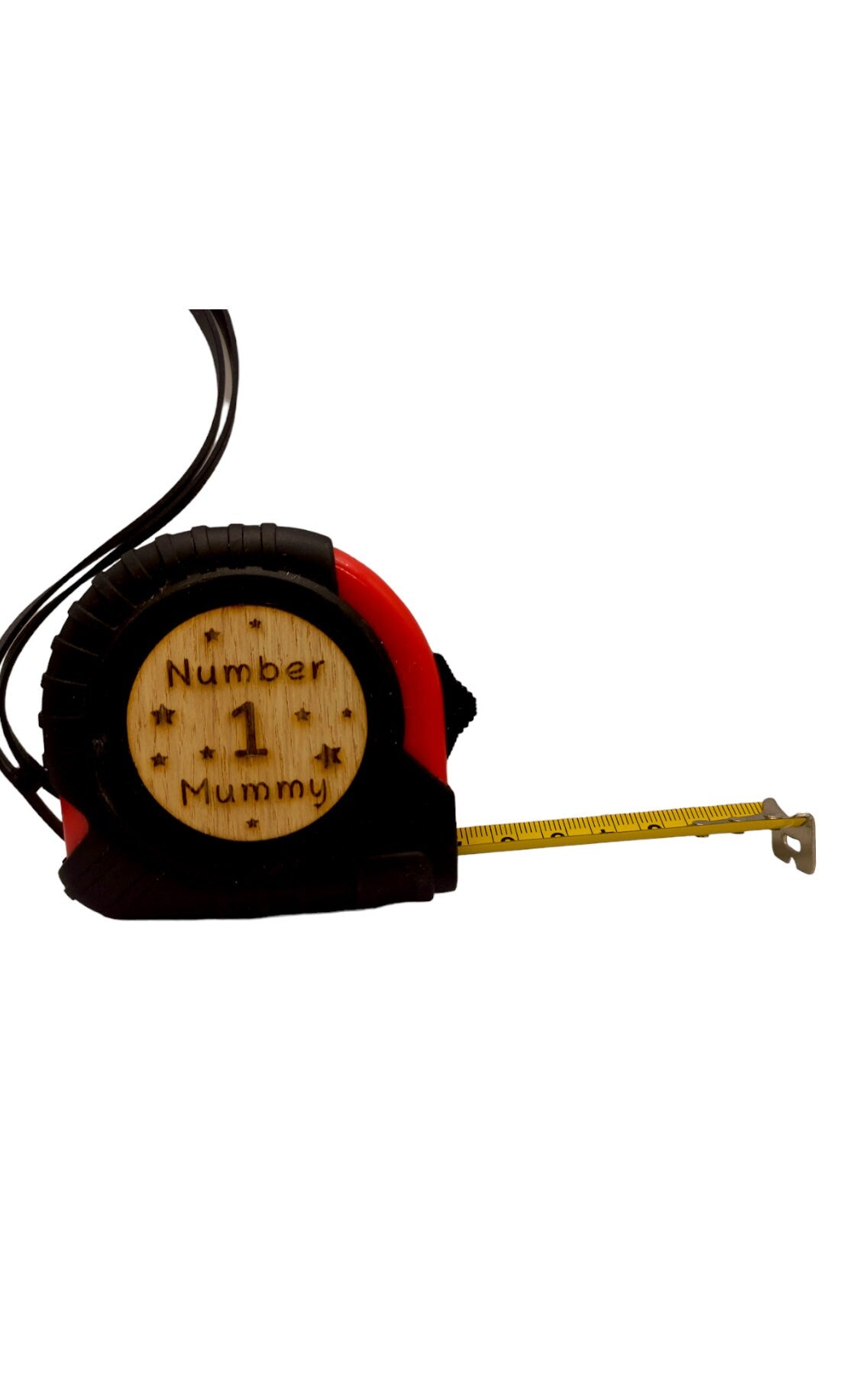 Personalised tape measure with a wooden disc, custom engraved names with your chosen message. This unique, functional gift combines practicality with a fun, stylish touch.