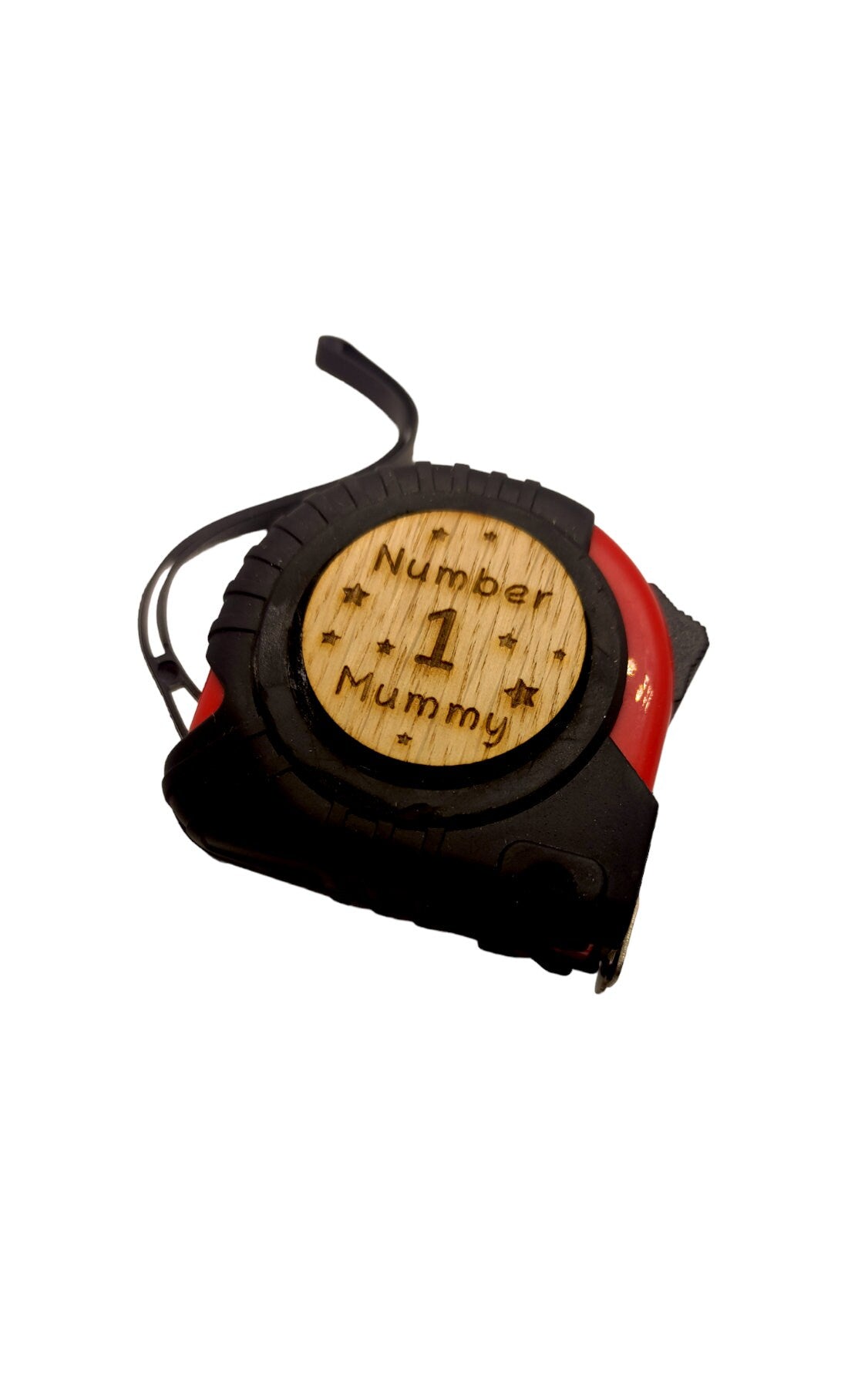 Personalised tape measure with a wooden disc, custom engraved names with your chosen message. This unique, functional gift combines practicality with a fun, stylish touch.