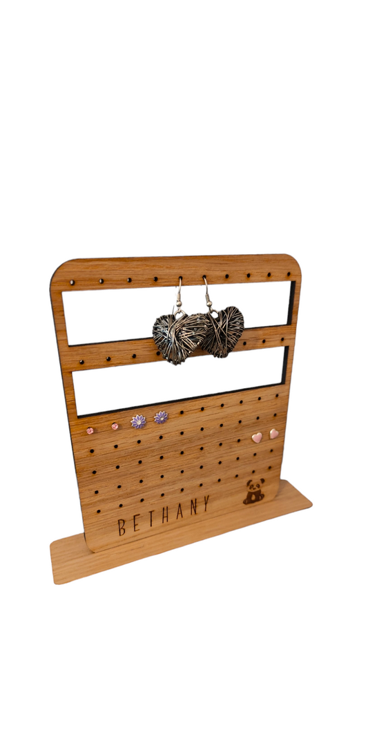 Panda wooden earring holder, with 2rows for hoops/hooks and 5 rows for studs.  
