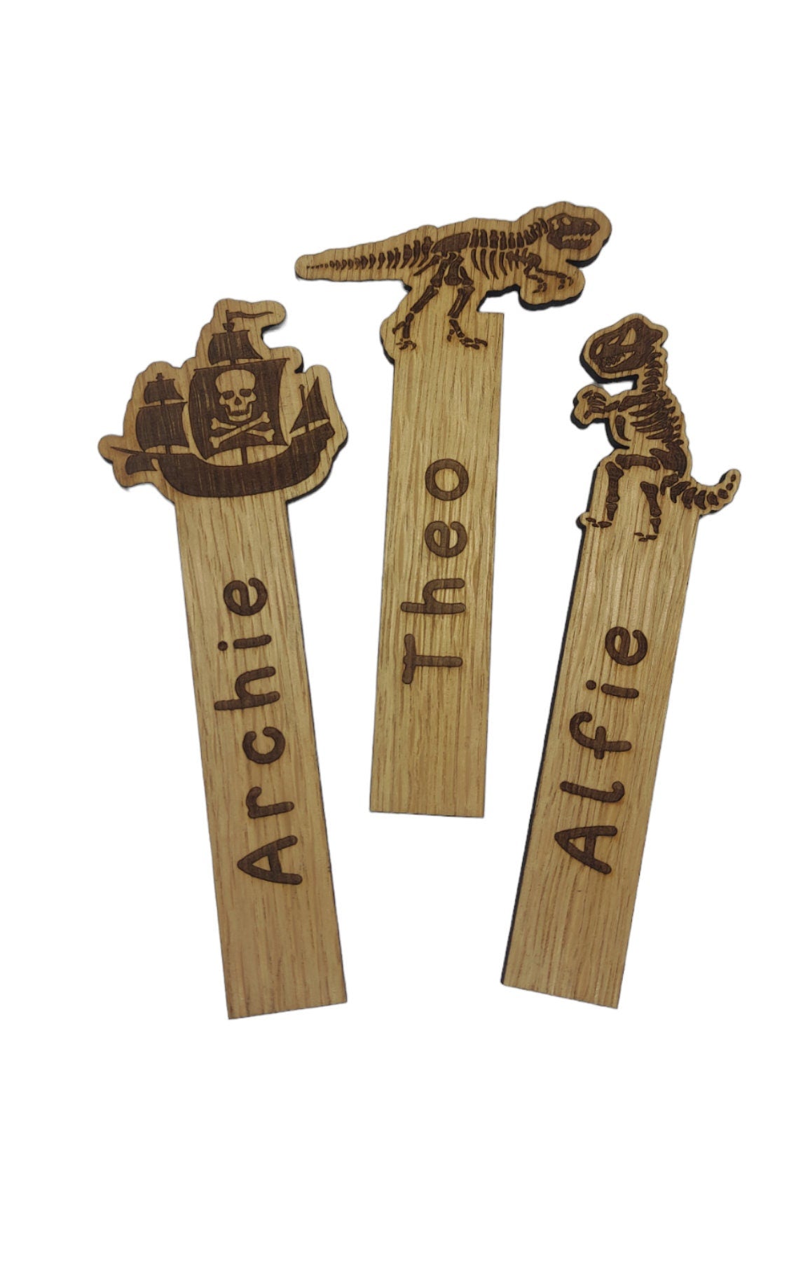 Personalised wooden bookmarks engraved with any name, featuring a variety of design options. Made from high-quality wood, these bookmarks offer a unique and thoughtful gift.