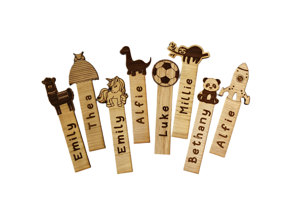 Personalised wooden bookmarks engraved with any name, featuring a variety of design options. Made from high-quality wood, these bookmarks offer a unique and thoughtful gift.