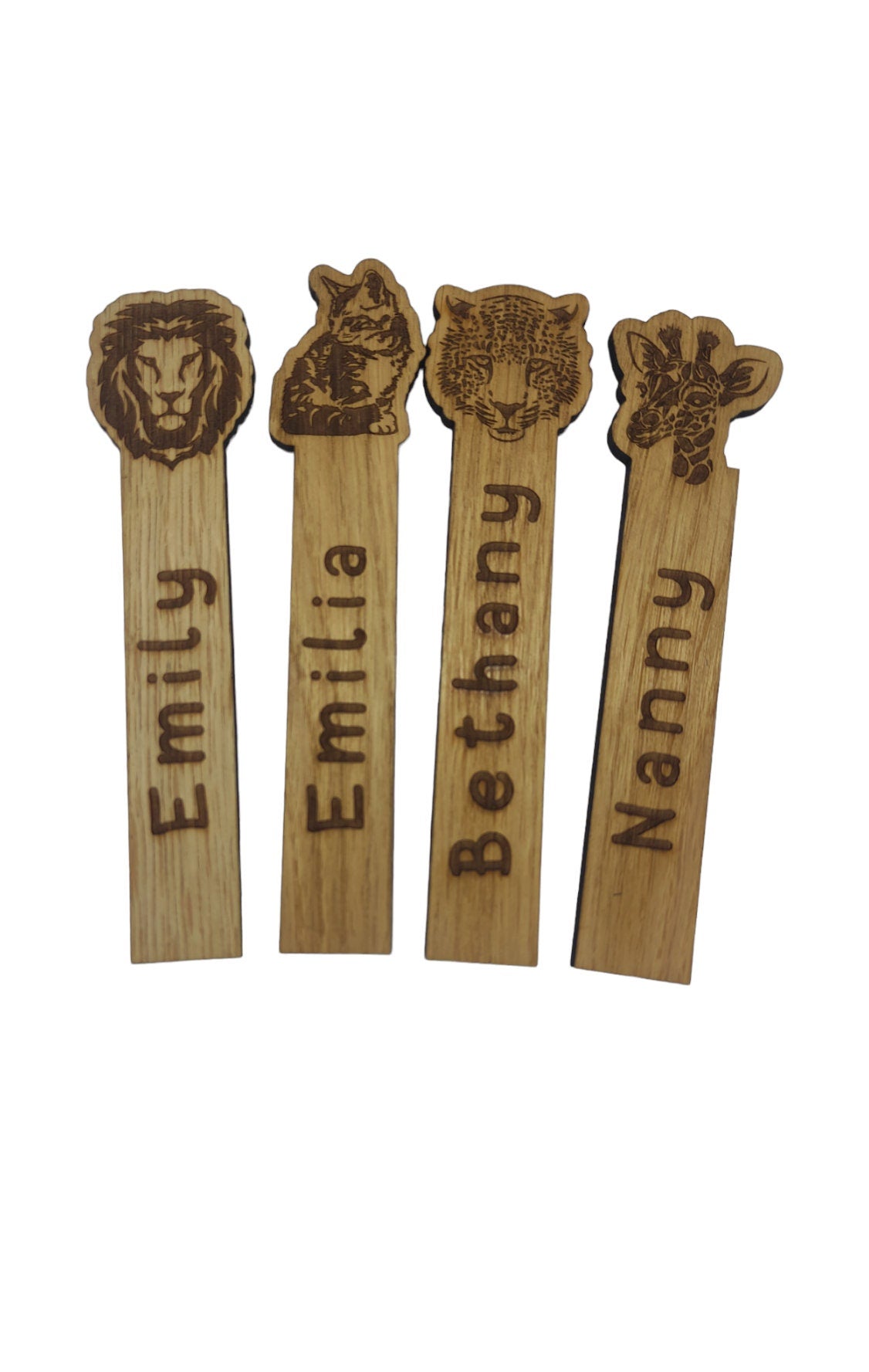 Personalised wooden bookmarks engraved with any name, featuring a variety of design options. Made from high-quality wood, these bookmarks offer a unique and thoughtful gift.