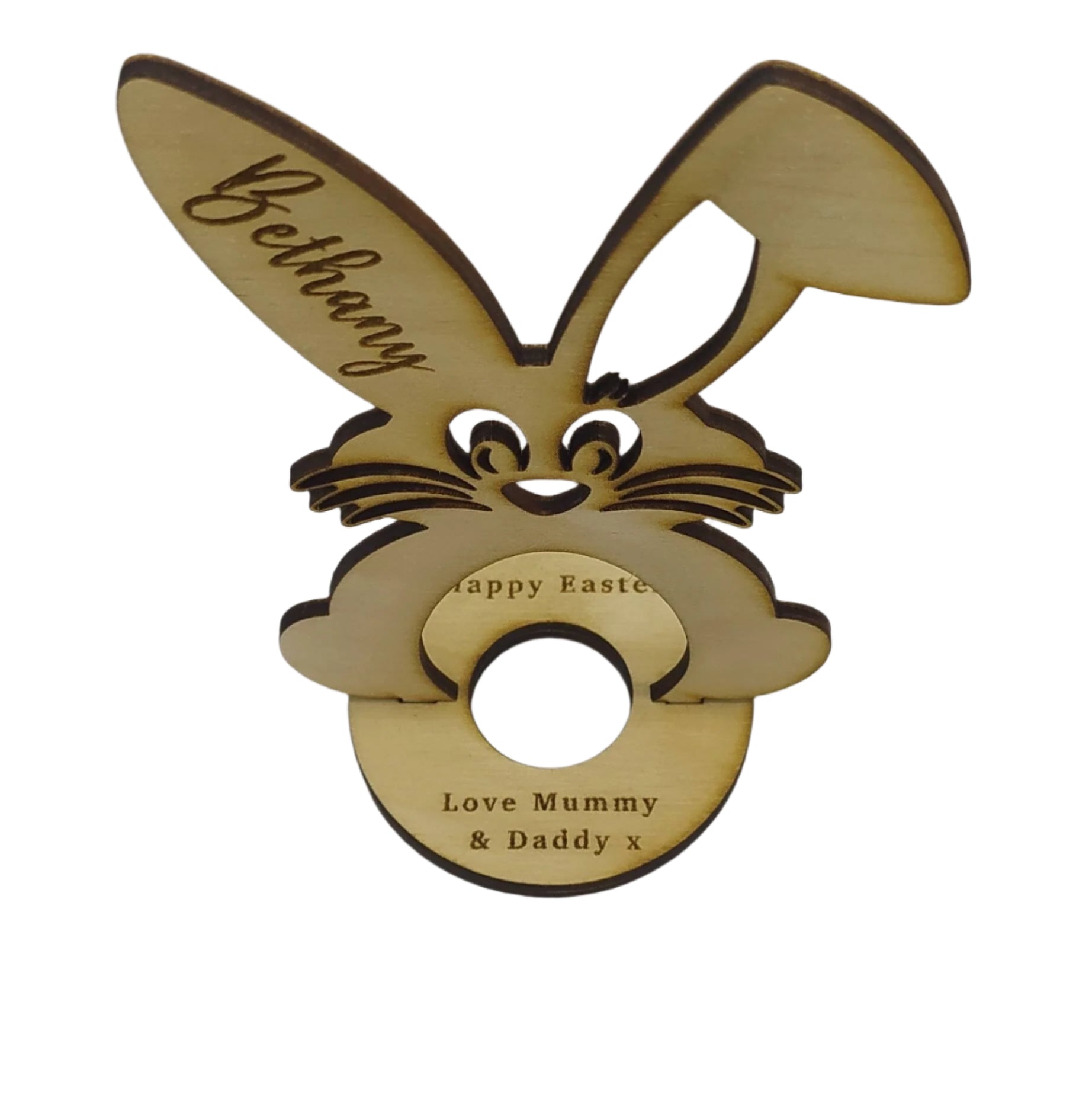 Personalised Bunny Easter Egg Holder, laser engraved with a name on the ear and a message on the base, designed to hold a chocolate egg