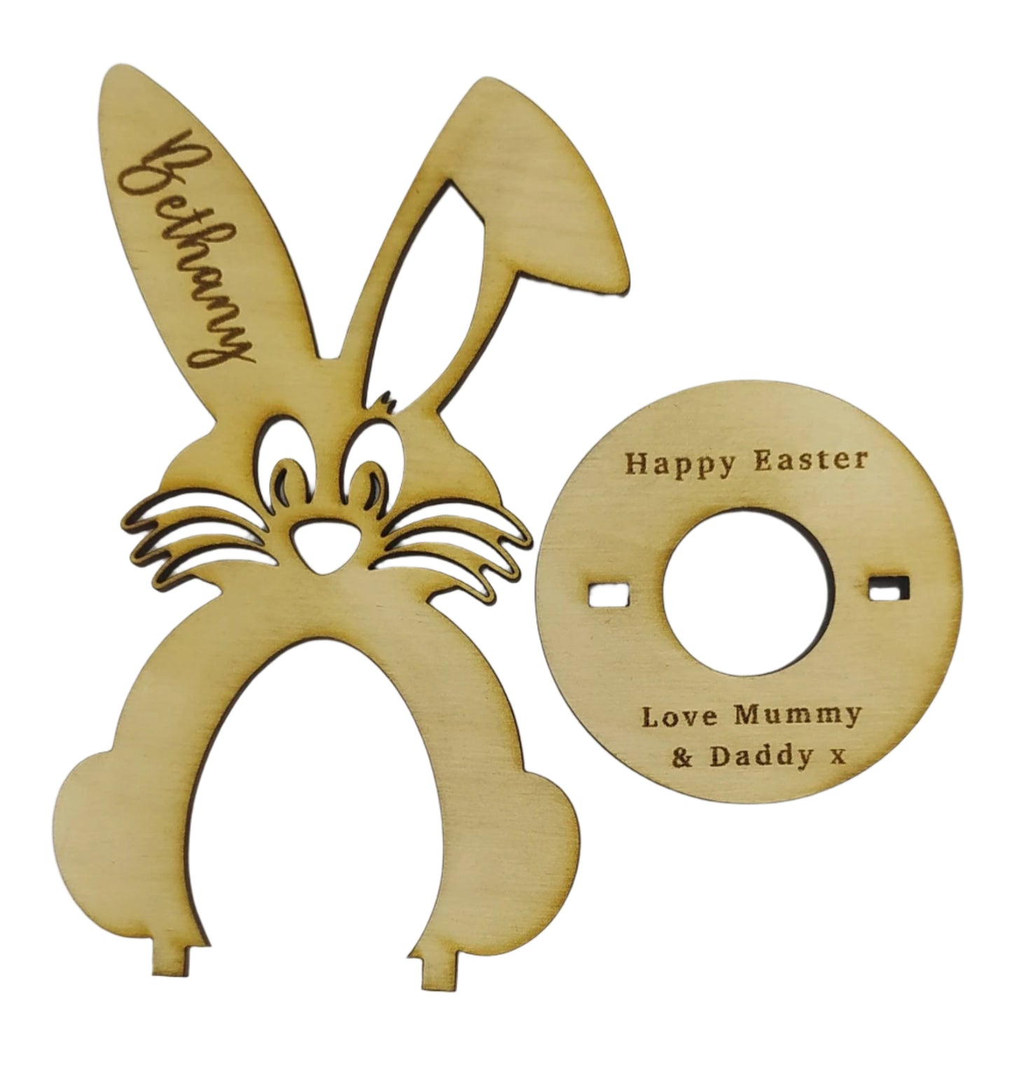 Personalised Bunny Easter Egg Holder, laser engraved with a name on the ear and a message on the base, designed to hold a chocolate egg.