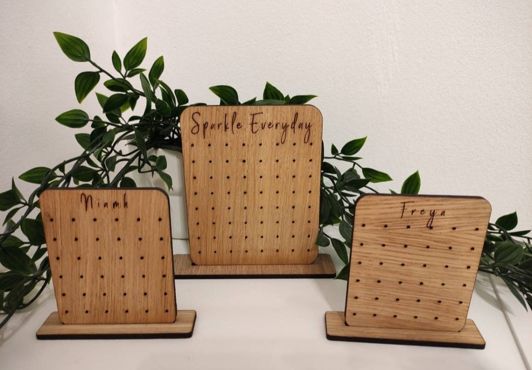 Personalised wooden earring holders, holds 32 earring studs. and mini holder, holds 18 studs. 