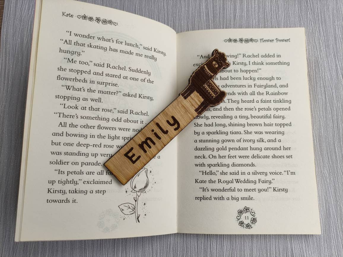 Wooden Llama bookmark engraved with any name, featuring the Llama as part of the design at the top.