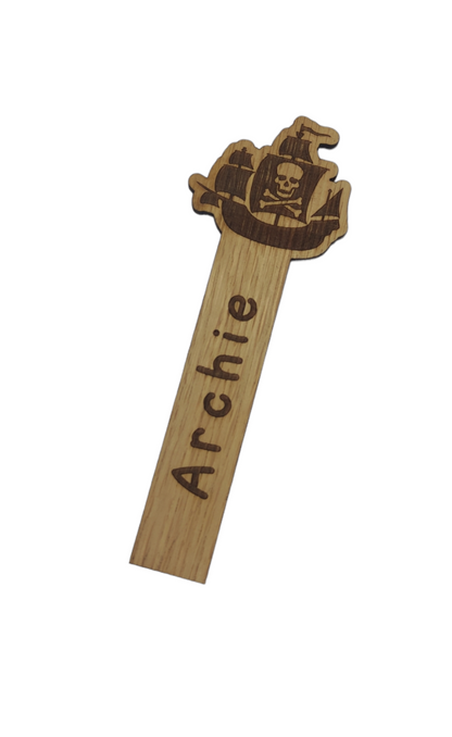 Wooden Pirate Ship bookmark engraved with any name, featuring the Pirate Ship as part of the design at the top.