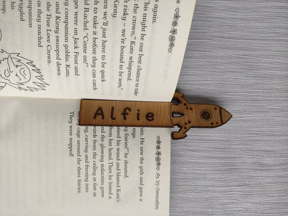 Wooden rocket bookmark engraved with any name, featuring the rocket as part of the design at the top.