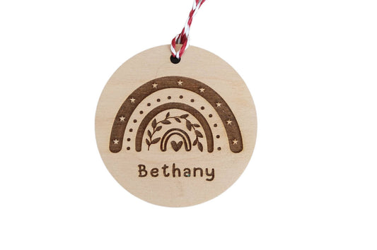 Personalised Christmas Rainbow Bauble – custom name engraved wooden or acrylic ornament with hanging string, eco-friendly festive tree decoration