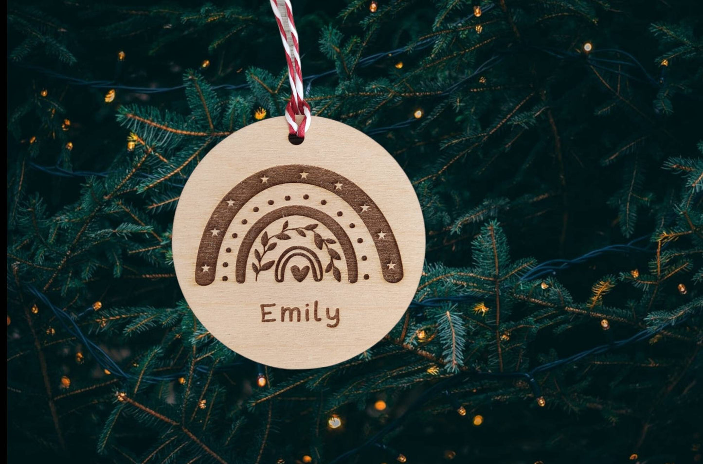 Personalised Christmas Rainbow Bauble – custom name engraved wooden or acrylic ornament with hanging string, eco-friendly festive tree decoration