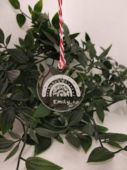 Personalised Christmas Rainbow Bauble – custom name engraved wooden or acrylic ornament with hanging string, eco-friendly festive tree decoration