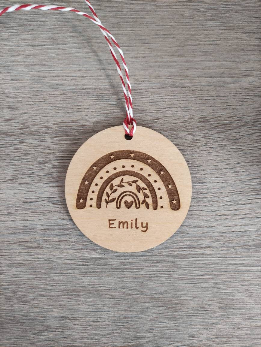 Personalised Christmas Rainbow Bauble – custom name engraved wooden or acrylic ornament with hanging string, eco-friendly festive tree decoration