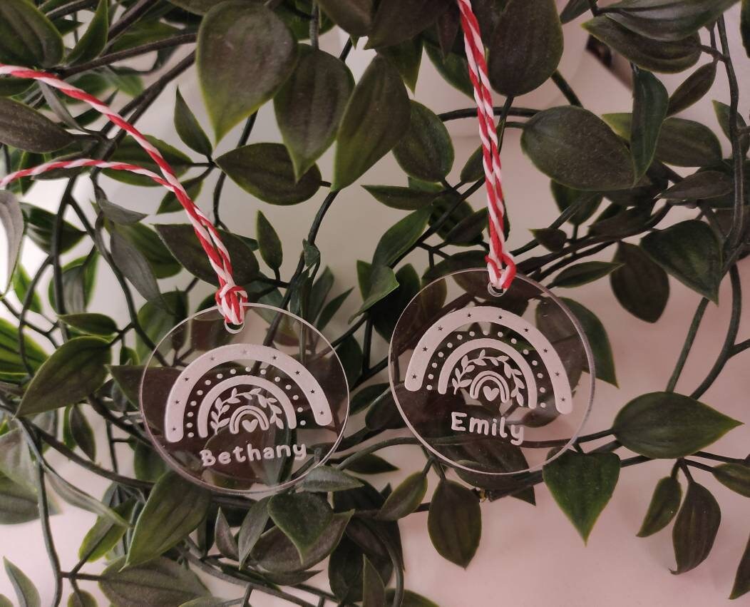 Personalised Christmas Rainbow Bauble – custom name engraved wooden or acrylic ornament with hanging string, eco-friendly festive tree decoration