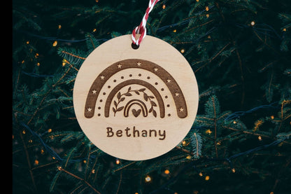 Personalised Christmas Rainbow Bauble – custom name engraved wooden or acrylic ornament with hanging string, eco-friendly festive tree decoration