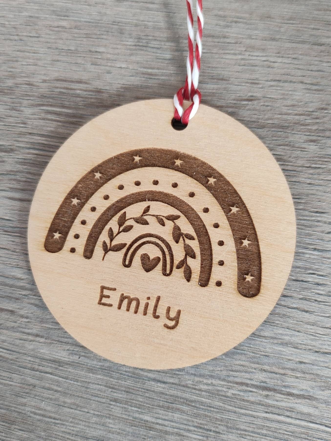 Personalised Christmas Rainbow Bauble – custom name engraved wooden or acrylic ornament with hanging string, eco-friendly festive tree decoration