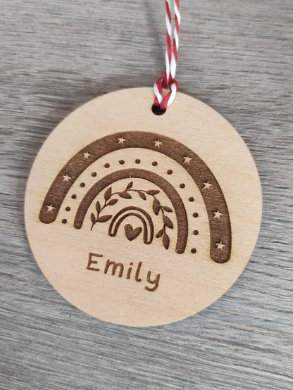 Personalised Christmas Rainbow Bauble – custom name engraved wooden or acrylic ornament with hanging string, eco-friendly festive tree decoration
