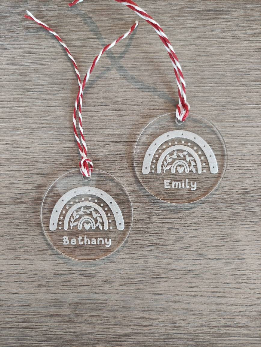 Personalised Christmas Rainbow Bauble – custom name engraved wooden or acrylic ornament with hanging string, eco-friendly festive tree decoration