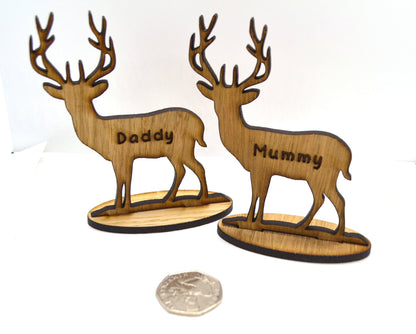 Personalised free-standing Stag or Reindeer decoration, engraved with name, crafted from oak veneer wood.