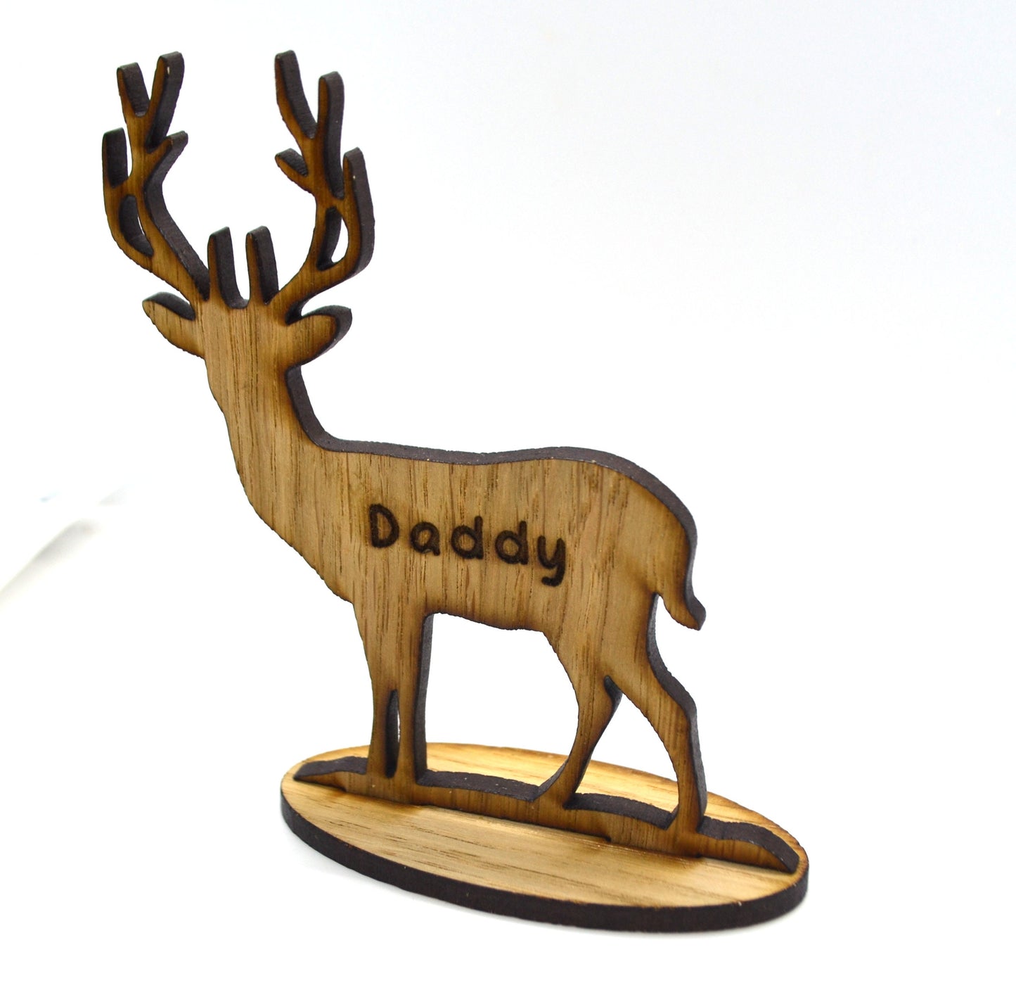 Personalised free-standing Stag or Reindeer decoration, engraved with name, crafted from oak veneer wood.