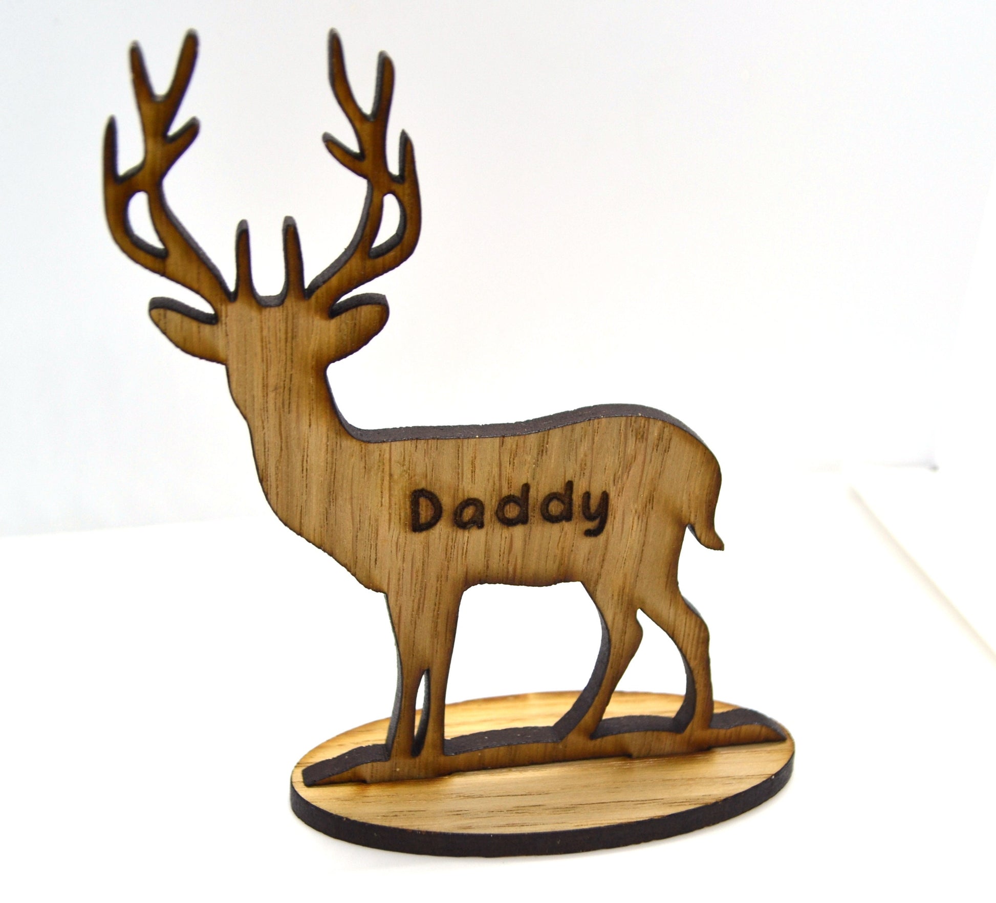Personalised free-standing Stag or Reindeer decoration, engraved with name, crafted from oak veneer wood.