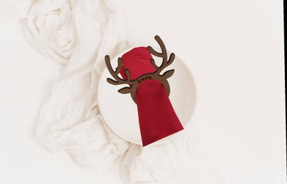 Personalised Reindeer Christmas Table Name & Napkin Holder, engraved with custom name, perfect for Christmas table decor and eco-friendly holiday gifts.