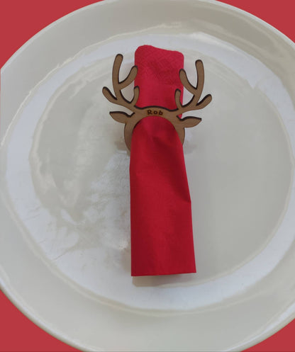 Personalised Reindeer Christmas Table Name & Napkin Holder, engraved with custom name, perfect for Christmas table decor and eco-friendly holiday gifts.