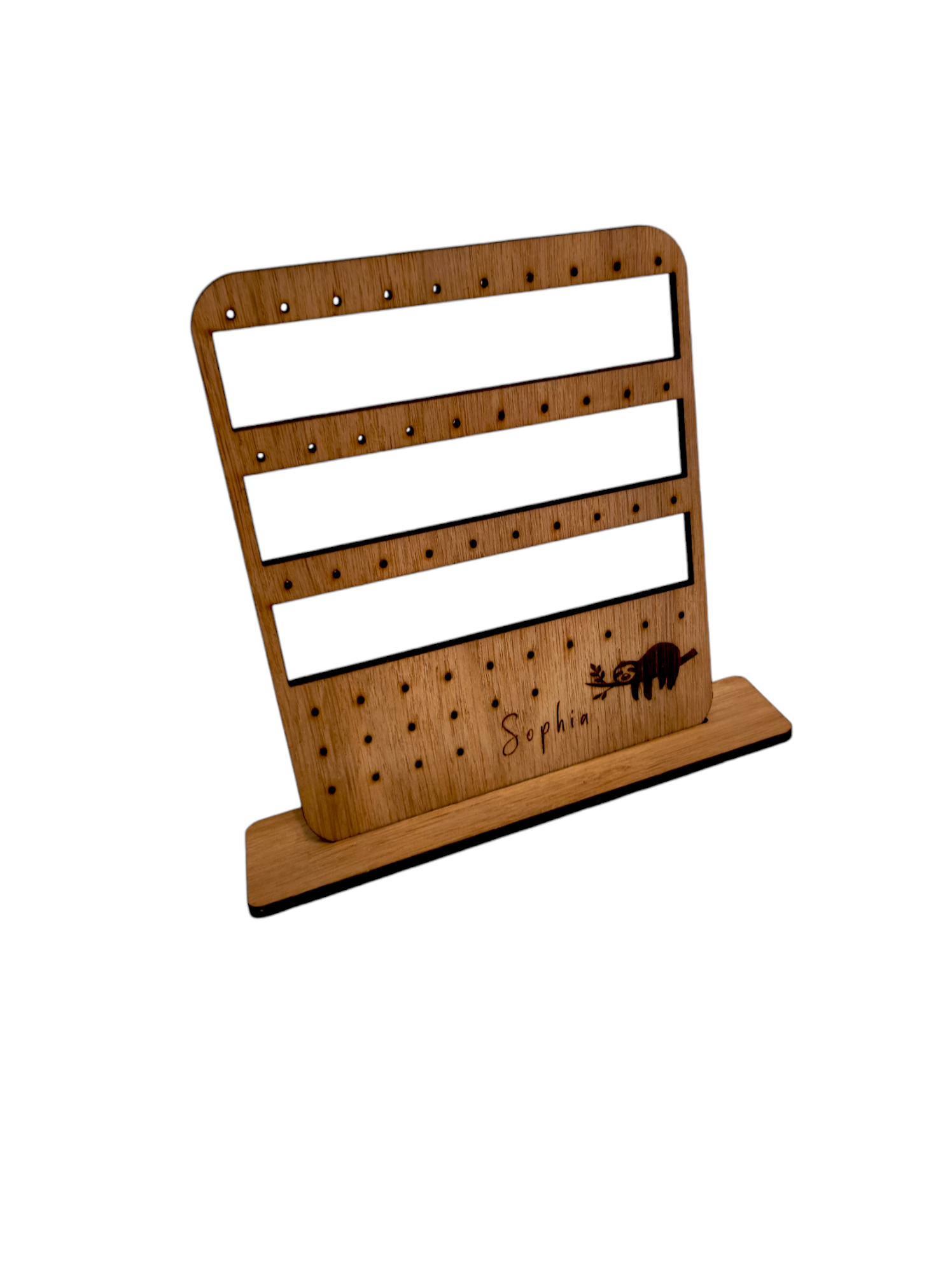 Personalised wooden earring holder for studs & hoops/hook, wit 3 rows for Hoops/Hooks and 3 row for studs. With a Sloth design 