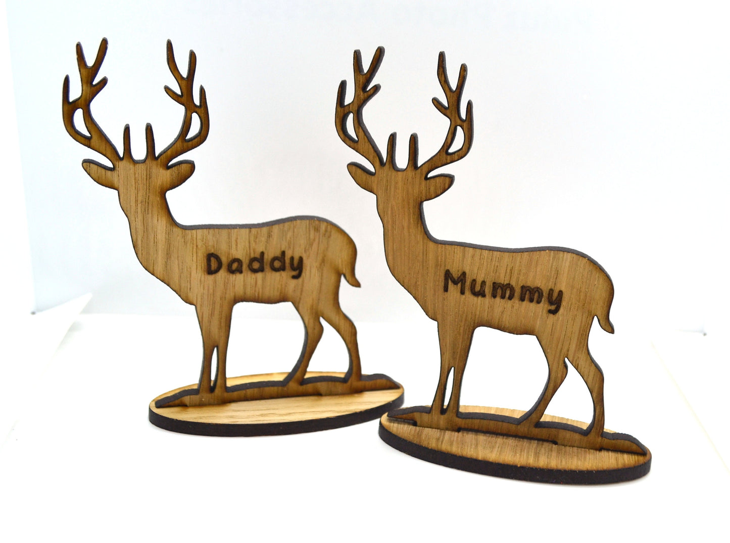 Personalised free-standing Stag or Reindeer decoration, engraved with name, crafted from oak veneer wood.