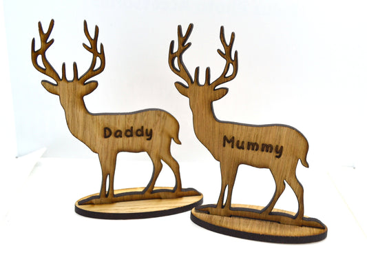 Personalised free-standing Stag or Reindeer decoration, engraved with name, crafted from oak veneer wood.
