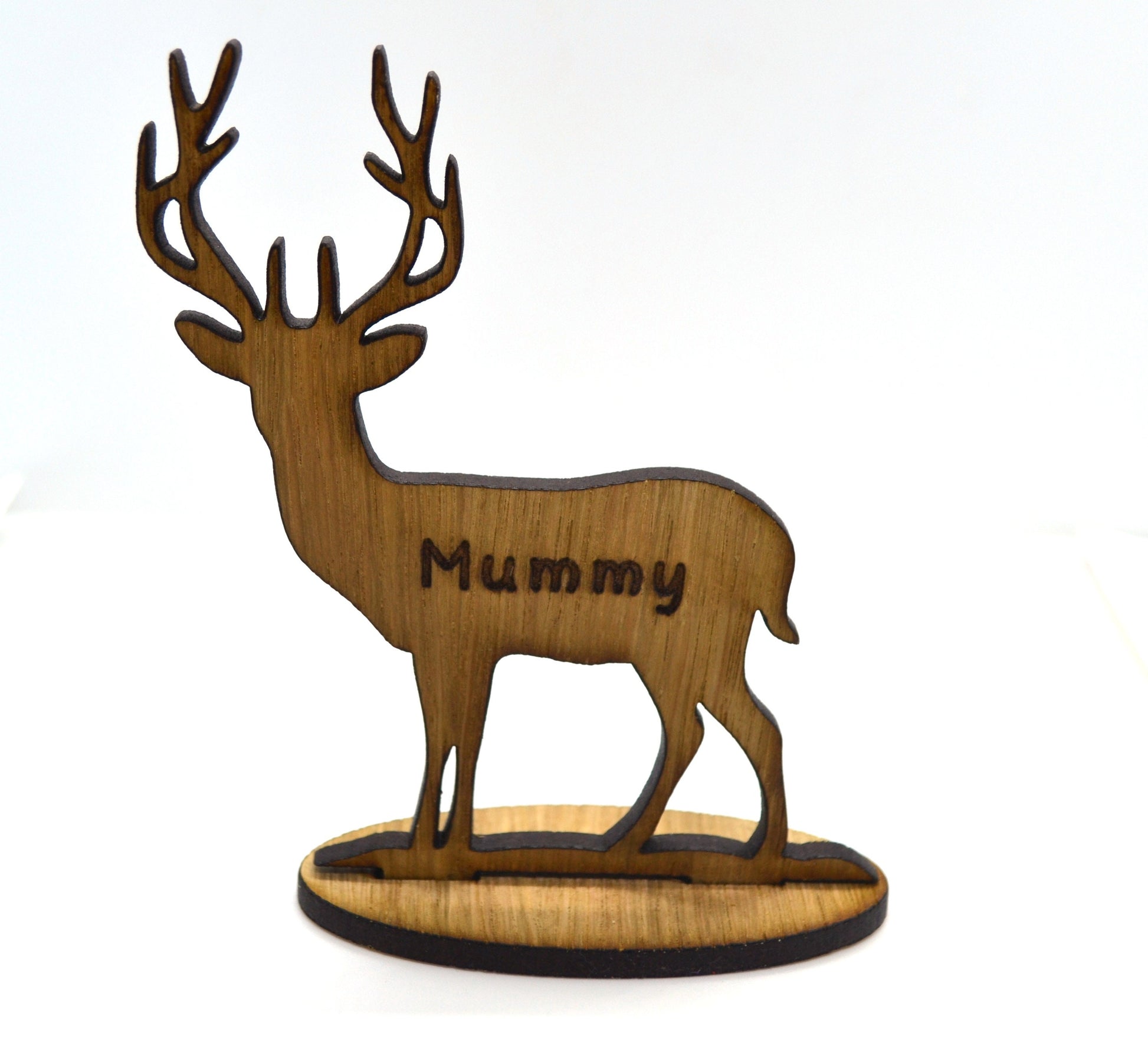 Personalised free-standing Stag or Reindeer decoration, engraved with name, crafted from oak veneer wood.