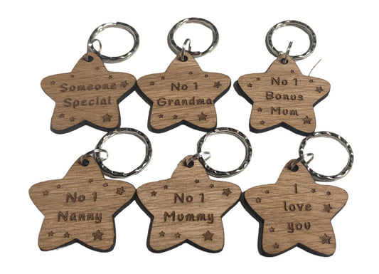 Star-shaped keyrings engraved with custom wording of your choice.