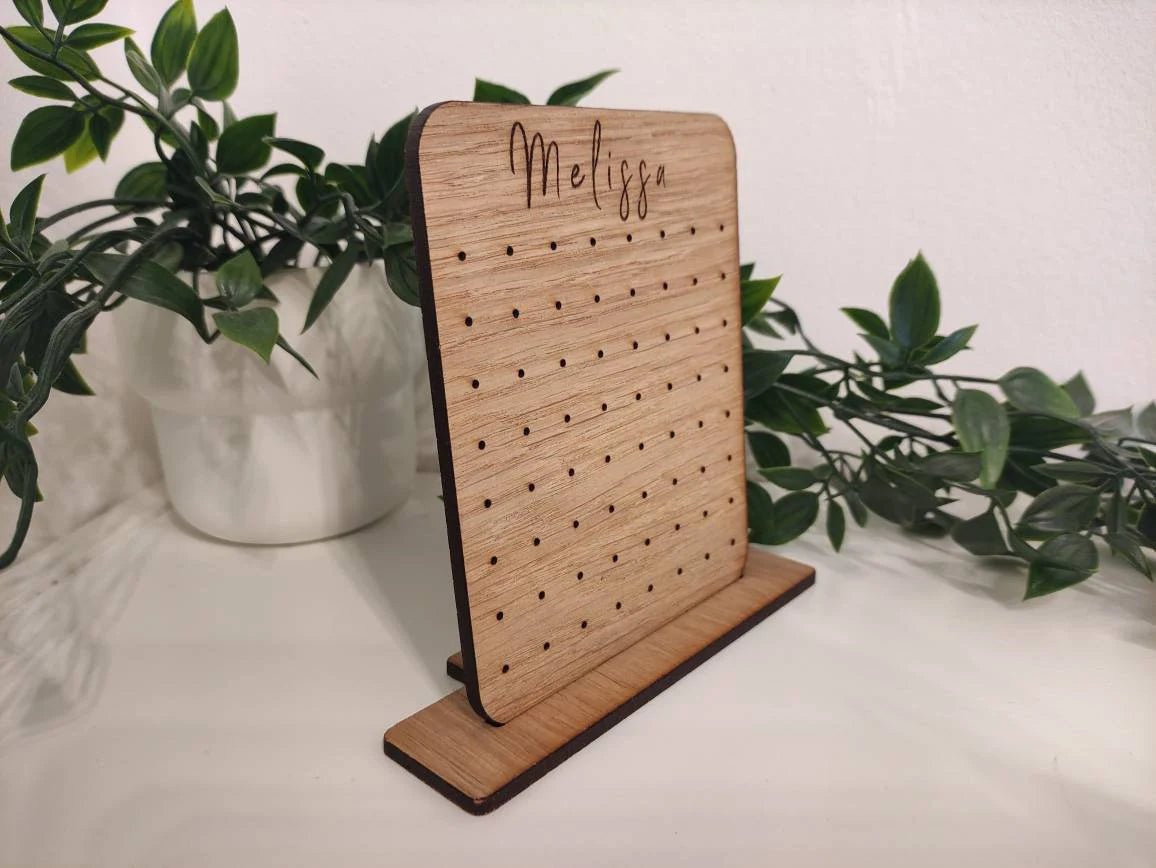 Personalised wooden earring holders, holds 32 earring studs. 