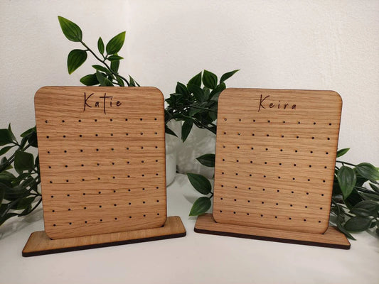 Personalised wooden earring holders, holds 32 earring studs. 