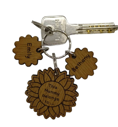 Sunflower-style keyring engraved with "This (any name) belongs to..." and customisable with additional charms.