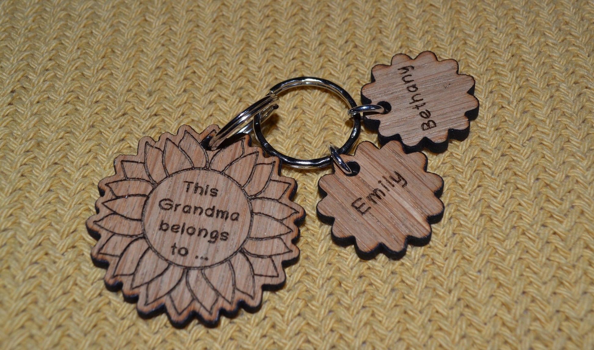 Sunflower-style keyring engraved with "This (any name) belongs to..." and customisable with additional charms.