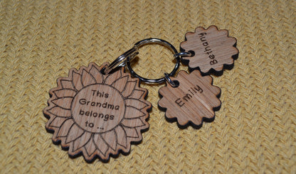 Sunflower-style keyring engraved with "This (any name) belongs to..." and customisable with additional charms.