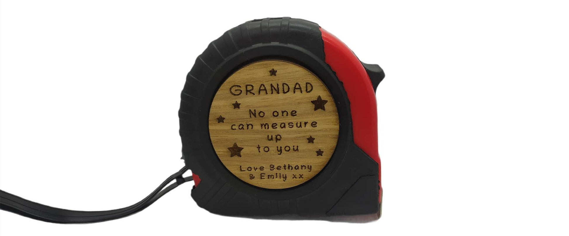Personalised tape measure with a wooden disc, custom engraved names with your chosen message. This unique, functional gift combines practicality with a fun, stylish touch.