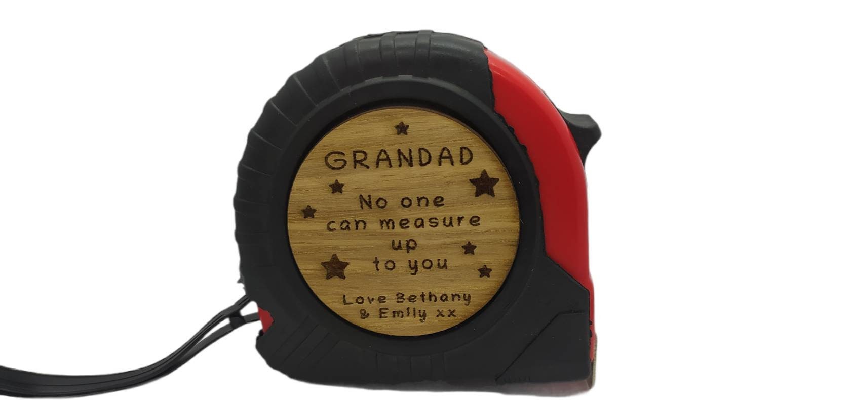 Personalised tape measure with a wooden disc, custom engraved names with your chosen message. This unique, functional gift combines practicality with a fun, stylish touch.