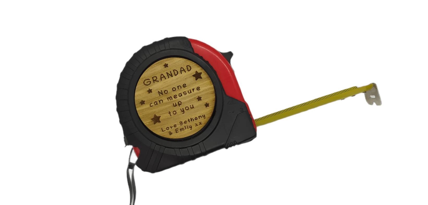 Personalised tape measure with a wooden disc, custom engraved names with your chosen message. This unique, functional gift combines practicality with a fun, stylish touch.