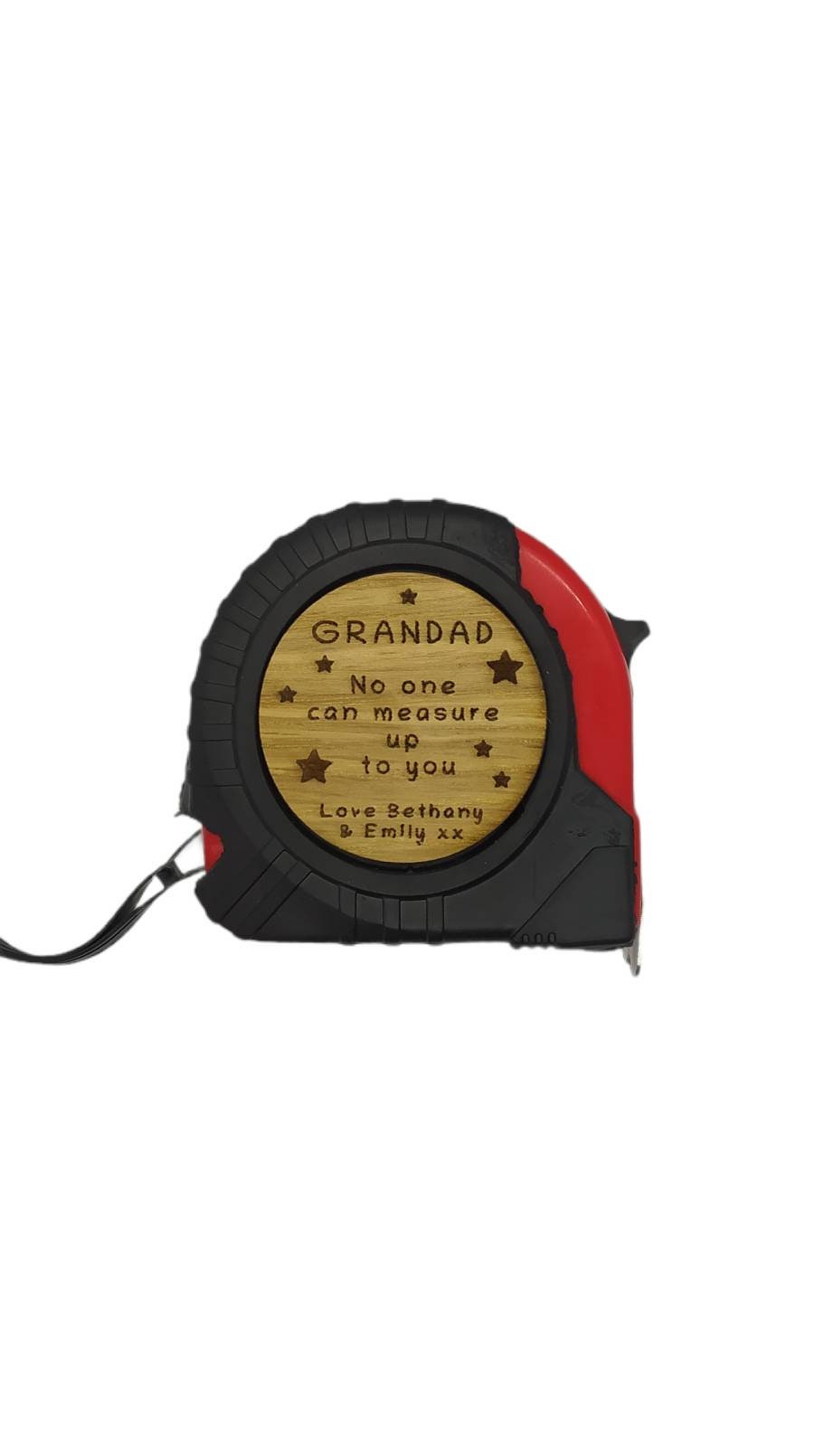 Personalised tape measure with a wooden disc, custom engraved names with your chosen message. This unique, functional gift combines practicality with a fun, stylish touch.