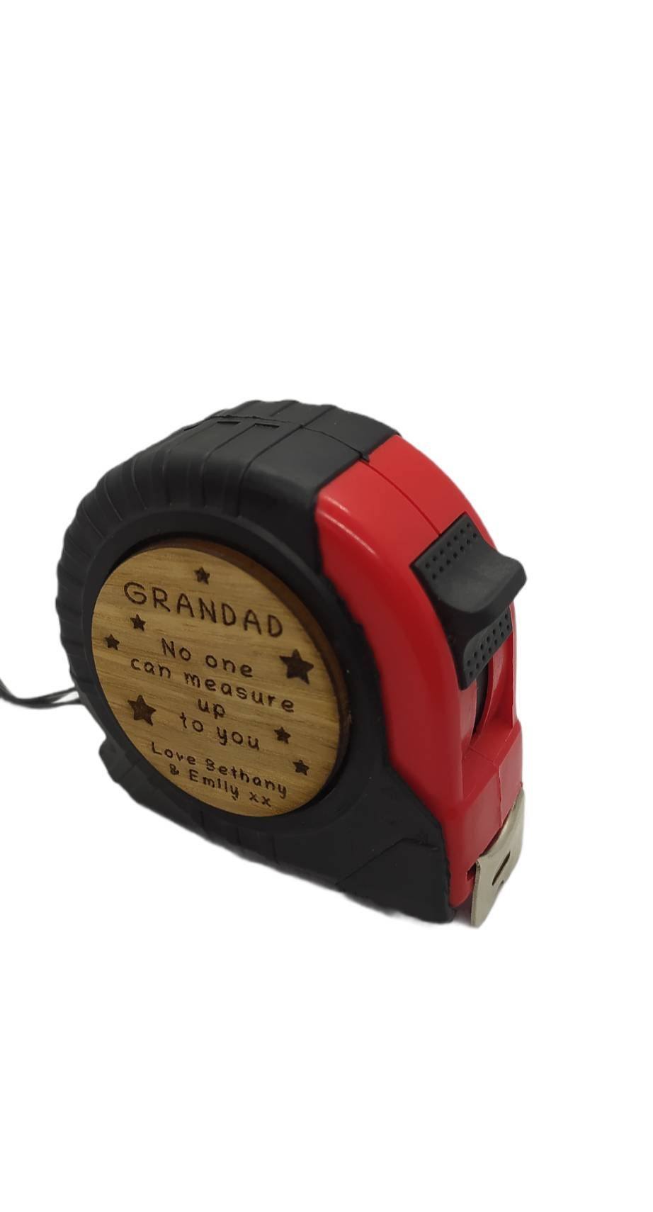 Personalised tape measure with a wooden disc, custom engraved names with your chosen message. This unique, functional gift combines practicality with a fun, stylish touch.