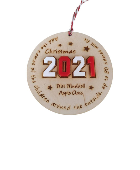 Personalised Wooden Keepsake Circle Ornament – Engraved Teacher and Class Name with Children's Names Around Edge, Bold Coloured Acrylic Year in Centre, Unique Class Christmas Gift