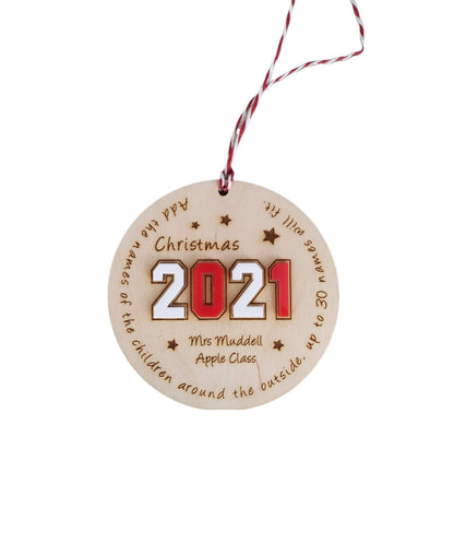 Personalised Wooden Keepsake Circle Ornament – Engraved Teacher and Class Name with Children's Names Around Edge, Bold Coloured Acrylic Year in Centre, Unique Class Christmas Gift